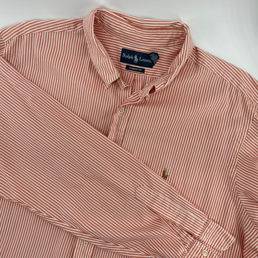 Ralph Lauren Classic Fit Orange‎ White Stripe Button Down Shirt Men's XL